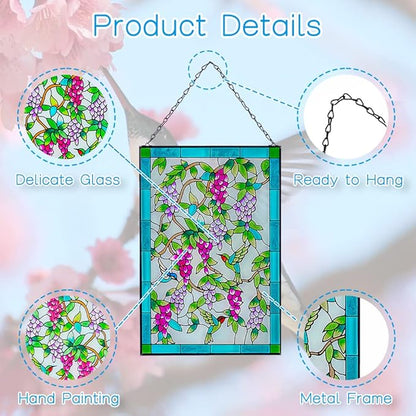 Viveta Hummingbird Stained Glass Window Hanging, Window Suncatchers with Chain, Bird and Flowers Stained Glass Panels for Windows Home Wall Art Decor(Rectangular 15 * 10")