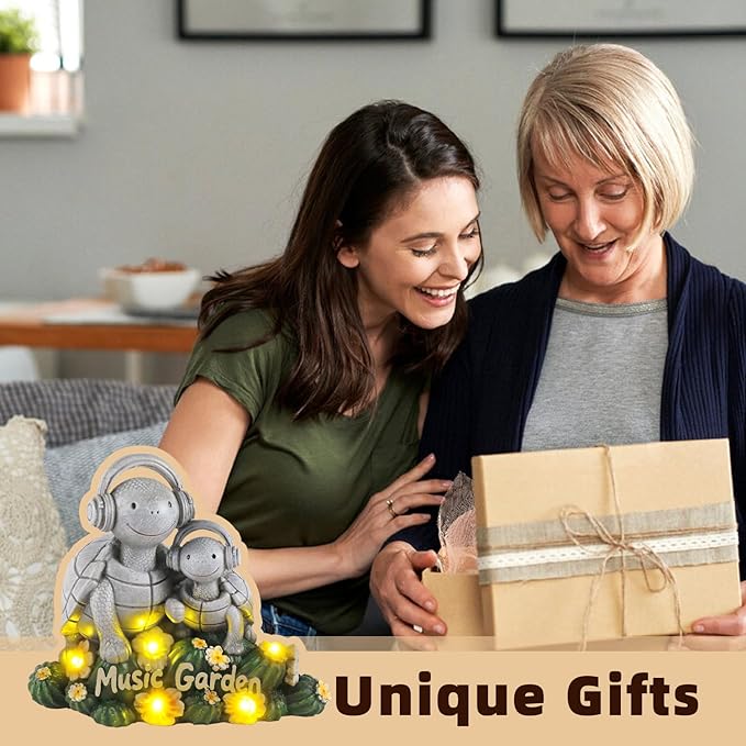 Solar Garden Turtle Statue 5.9"with Headphones,Solar Statue with 5 LED Lights,Anti-Fade Stone Texture Turtle Gifts for Women Men Mom Dad,Unique Resin Lawn Ornaments for Patio Yard Lawn Balcony