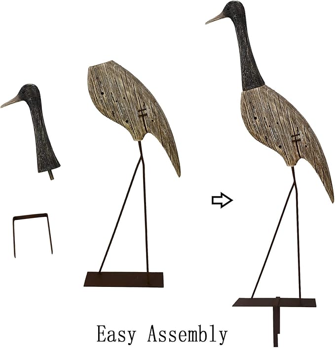 E-view Garden Heron Statue Outdoor Wood Standing Bird Sculptures - Backyard Porch Patio Pond Decorations Yard Art Wooden Heron Lawn Decor, 31Inches High