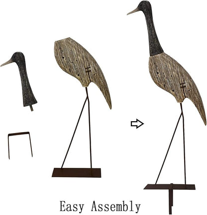 E-view Garden Heron Statue Outdoor Wood Standing Bird Sculptures - Backyard Porch Patio Pond Decorations Yard Art Wooden Heron Lawn Decor, 31Inches High