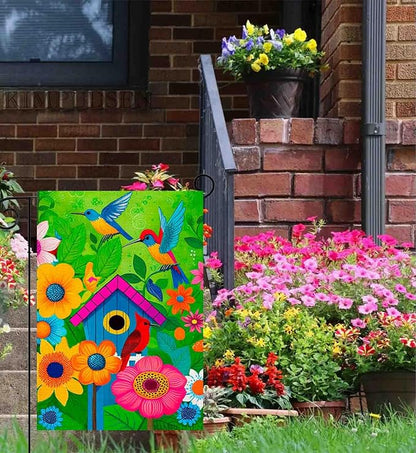 Spring Summer Garden Flags for Outside, Hummingbird Yard Flags with Colorful Birds, Flowers, and Birdhouse Design, 12x18 Inch Double Sided Small Burlap Garden Flags Outdoor Decor