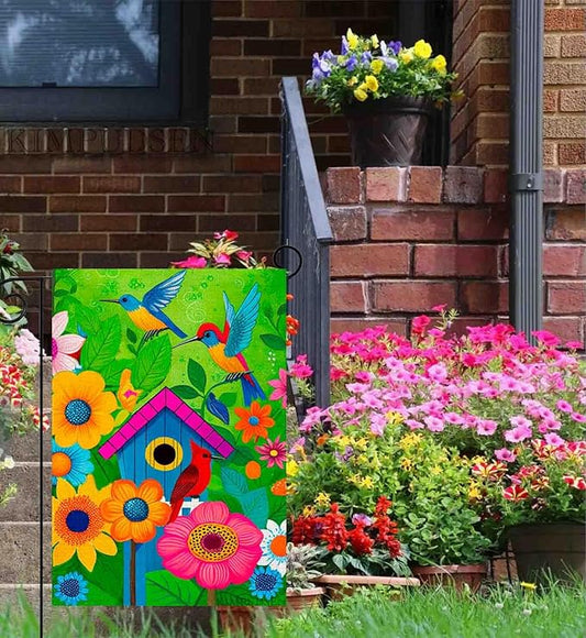 Spring Summer Garden Flags for Outside, Hummingbird Yard Flags with Colorful Birds, Flowers, and Birdhouse Design, 12x18 Inch Double Sided Small Burlap Garden Flags Outdoor Decor