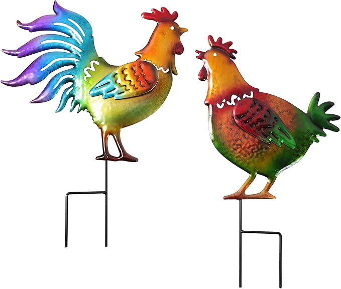 Colorful Rooster & Hen Garden Iron Stakes, Rustic Metal Garden Decor, Farm Animal Yard Art, Long-Lasting Outdoor Ornaments
