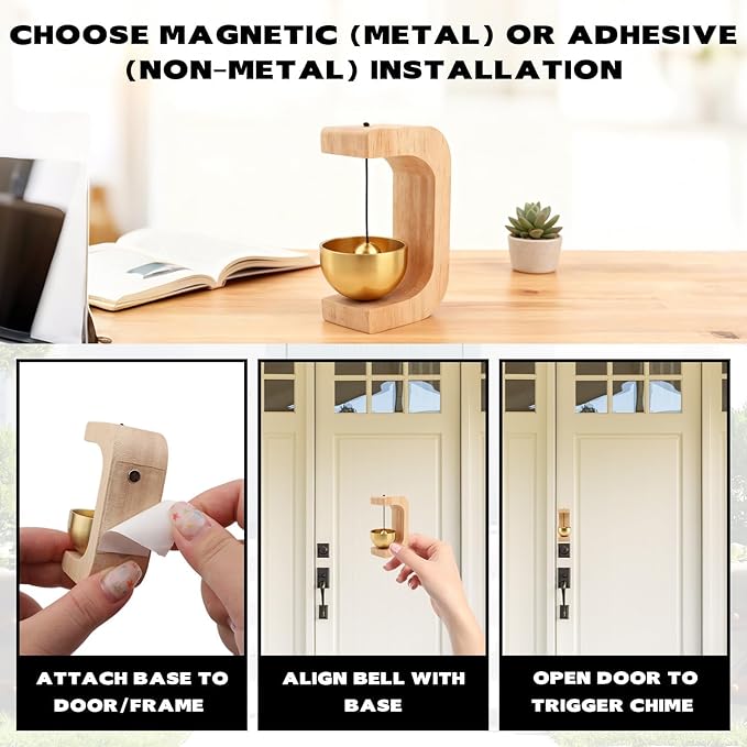 2Pcs Magnetic Wooden Doorbell with Brass Bell, Beech Wood Entry Alert Chime for Home and Office, Decorative Shopkeepers Bell for Retail Shop, Minimalist Door Opening Bell with Adhesive Backing