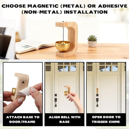 2Pcs Magnetic Wooden Doorbell with Brass Bell, Beech Wood Entry Alert Chime for Home and Office, Decorative Shopkeepers Bell for Retail Shop, Minimalist Door Opening Bell with Adhesive Backing