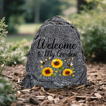Garden Stone Sculpture with Bees and Sunflowers, Solar Resin Outdoor Sculpture, Suitable As A Grave Decoration for Gardens, Lawns, Cemeteries, Memorial Gifts, Home Decoration