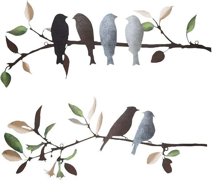 Demissle 2 Pcs Metal Birds Wall Art Decor Vivid Birds on Branch with Leaves Rustic Wall Decor Waterproof Metal Sculpture Hanging Sign for Home Balcony Garden Indoor Outdoor(Retro Colors)