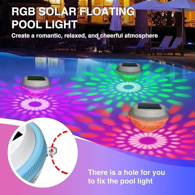 Solar Floating Pool Lights, RGB Color Changing LED Pool Lighting, IP65 Waterproof Auto On/Off LED Lights for Ponds, Pools, Garden and Party Decor
