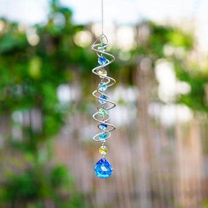 H&D HYALINE & DORA Gazing Ball Spiral Tail Wind Spinner Spiral Blue Crystal Ball with Hook Sun Catcher Rainbow Maker Hanging Decor for Yard Garden Rotating Art 20.5 "