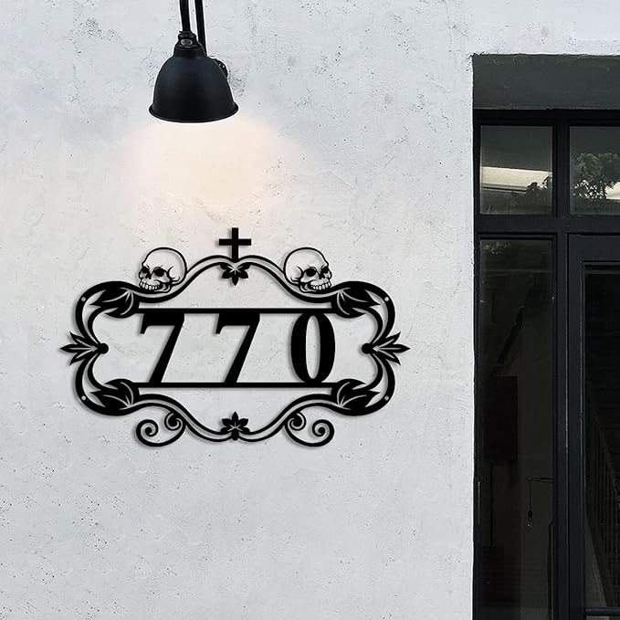 Personalized Gothic House Number metal Signs,Custom Address Number Metal Wall Art Decor,Black Plaques Outdoor wall Decorative Signage,Shed(8-30 Inches) (Skull)