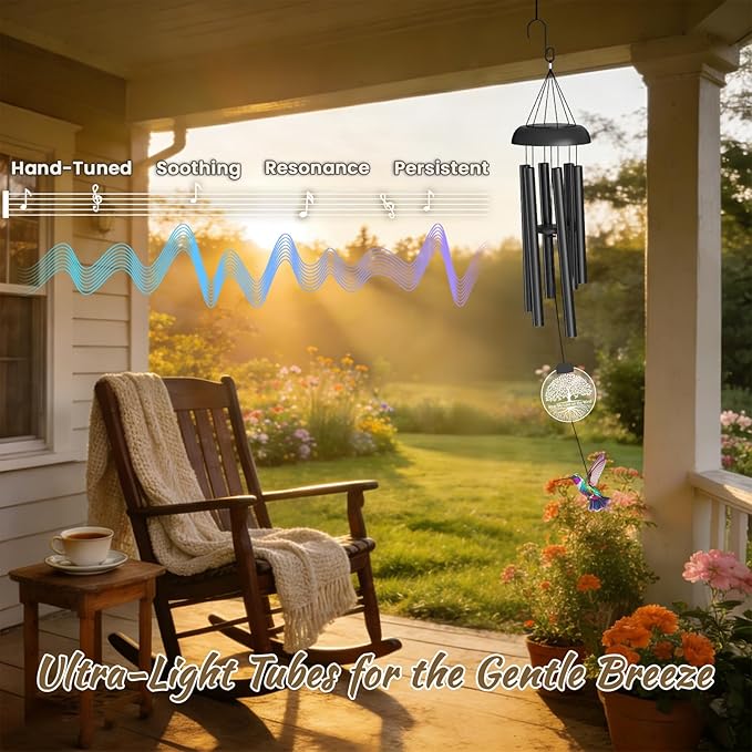 37" Solar Wind Chimes for Outside, Memorial Wind Chimes with Solar Powered Acrylic Lights & Hand-Painted Hummingbird – Sympathy Gift for Loss of Loved One, Outdoor Wind Chimes for Garden, Patio, Yard