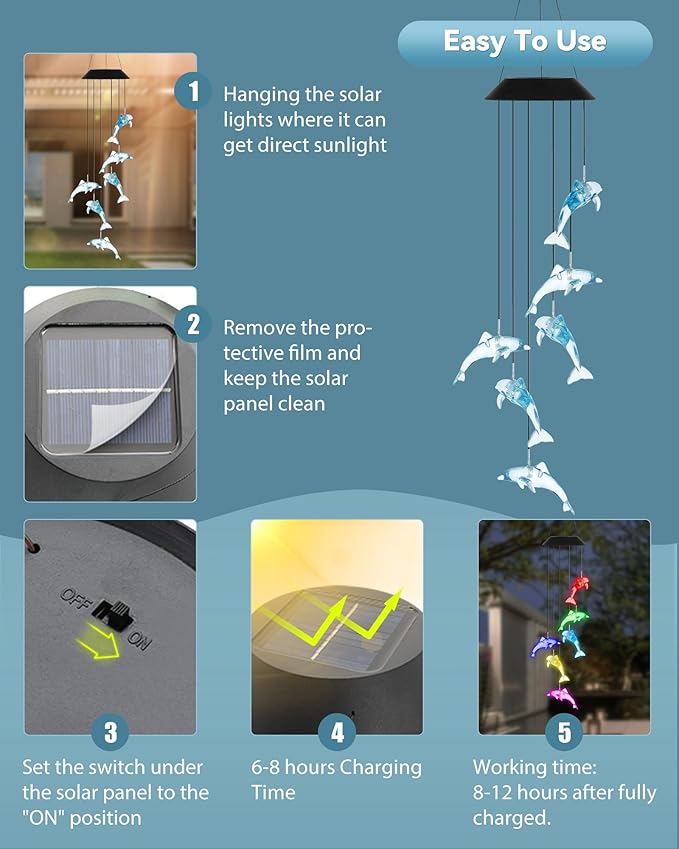 DOUBLEZHE Solar Wind Chimes for Outside, Color Changing Dolphin Wind Chime Outdoor Clearance, Birthday Gifts for Mom Women Grandma Wife Girls, Unique Garden Decor Colorful Patio Yard Party Decoration