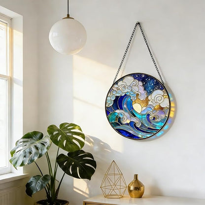 Stained Glass Window Hanging – Colorful Waves and Clouds Design Sun Catcher Glass Panel, Blue & Gold Suncatcher Decor for Birthday, Women, Men, Wife, Aunt, and Mom – 7.8 inches