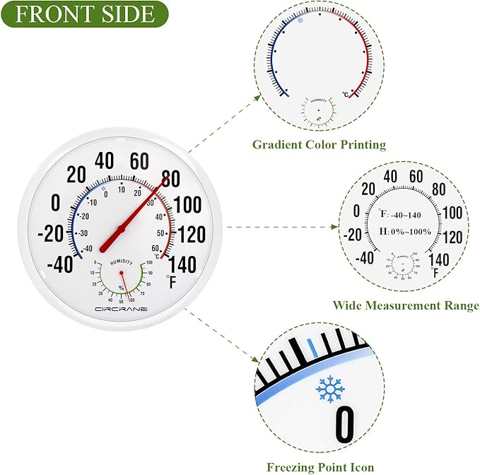 Circrane 13.25 Inch Round Thermometer with Hygrometer, Large Indoor Wall Patio Bimetal Weather Thermometer, No Battery Required, White