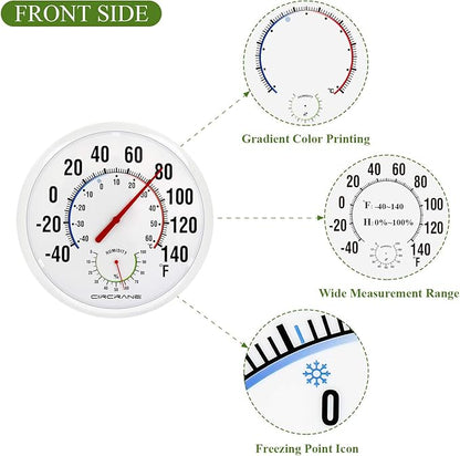 Circrane 13.25 Inch Round Thermometer with Hygrometer, Large Indoor Wall Patio Bimetal Weather Thermometer, No Battery Required, White