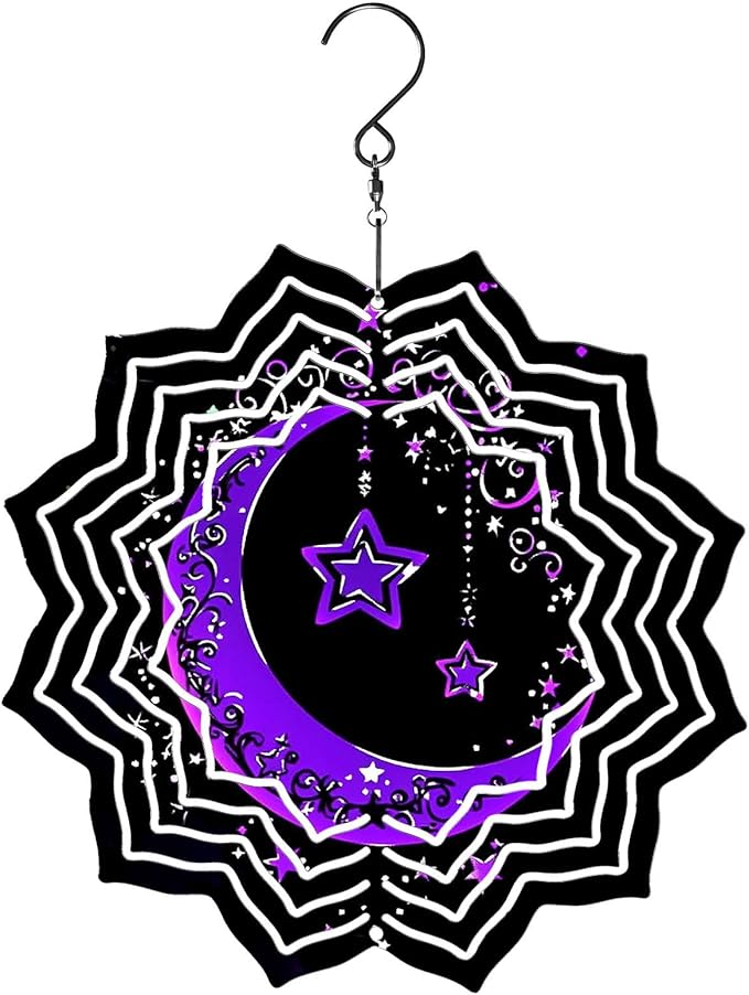 8 Inch Sublimation Wind Spinner, 3D Aluminum Metal Wind Spinner with Hook, Indoor Yard Garden Hanging Decoration, Weather Resistant Rotating Spiral Ornament, Purple Moon and Stars