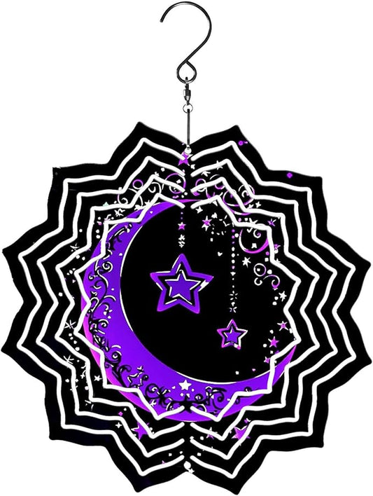 8 Inch Sublimation Wind Spinner, 3D Aluminum Metal Wind Spinner with Hook, Indoor Yard Garden Hanging Decoration, Weather Resistant Rotating Spiral Ornament, Purple Moon and Stars