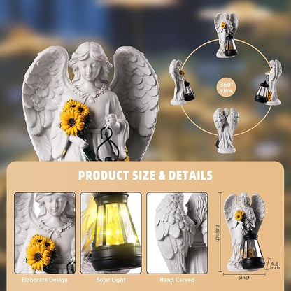 Sympathy Gifts for Loss of Loved One- 8.8" Resin Angel Figurines Holding Sunflowers Waterproof Angel Decor Cemetery Decorations for Grave-Grave Decorations for Cemetery