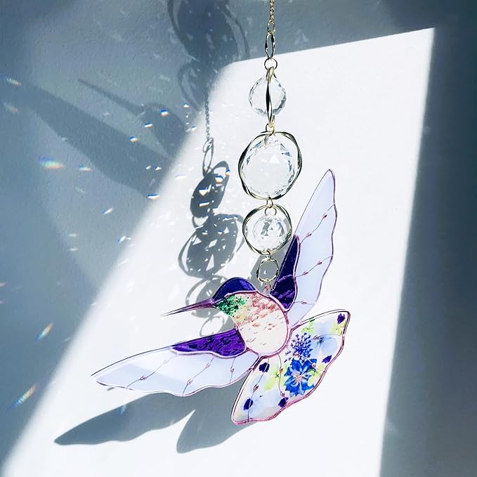 Purple Acrylic Hummingbird Flowers Garden Suncatcher Window Hanging Crystal Prism Rainbow Maker Sun Catcher Ornaments Appreciation Thank You Gifts for Mom Grandma Sister Home Decor