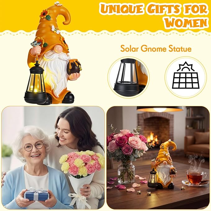 VIHOSE Solar Garden Gnomes Outdoor Decor 8'' Spring Resin Gnome Figurine Holding Lantern with Solar LED Lights for Yard Patio Lawn Decorations Best Gifts for Mother's Day Housewarming