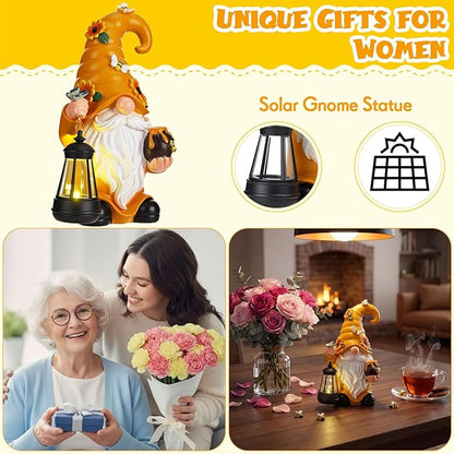 VIHOSE Solar Garden Gnomes Outdoor Decor 8'' Spring Resin Gnome Figurine Holding Lantern with Solar LED Lights for Yard Patio Lawn Decorations Best Gifts for Mother's Day Housewarming