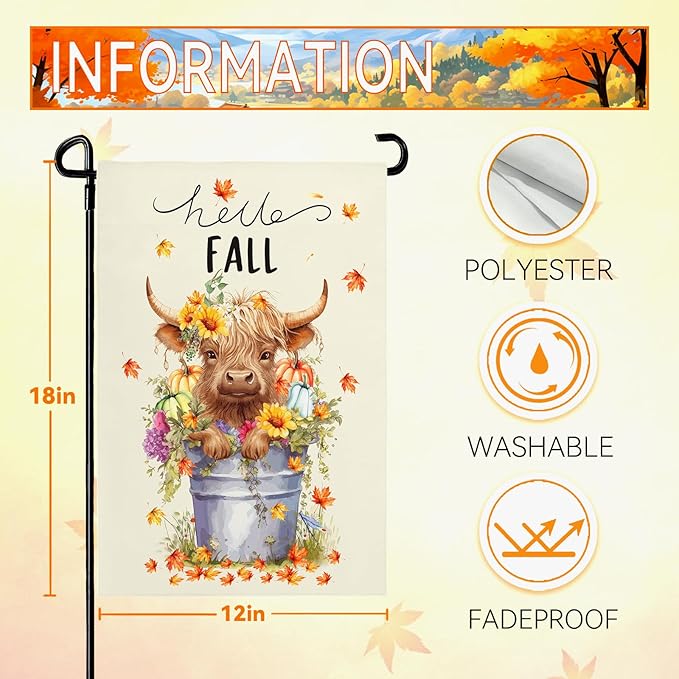 Hello Fall Garden Flag Highland Cow Polyester Yard Flag Double Sided Vertical 12x18 Inch Farmhouse Pumpkin Sunflower Floral Garden Flags Autumn Maple Leaf House Banner for Seasonal Outdoor