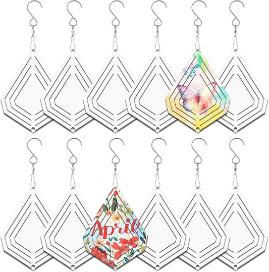 12 Pack 4inch Sublimation Wind Spinner Blanks 3D Aluminum Metal Wind Sculpture Kinetic Spinners for Yard Garden Indoor Art Ornaments Xmas Hanging Decoration (Diamond)