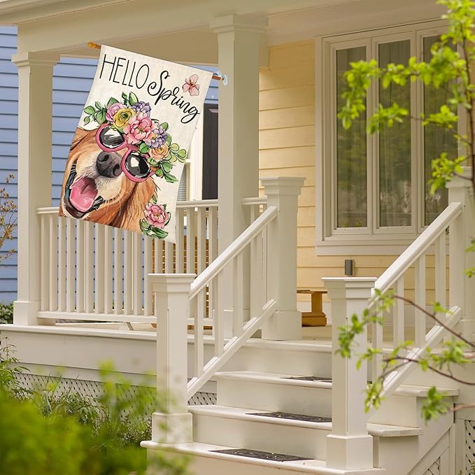 Hello Spring House Flags for Outdoor Decoration, Dog with Flowers Hat Large Yard Flag, Seasonal Decorative Celebration Decor for Summer Farmhouse Holiday Outside 28x40 Inch Vertical Double
