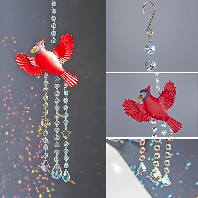 Red Cardinaluncatcher-Cardinal Gifts for Women, Window Hanging Ornament with Rainbow Prism, Memorial Gift for Women, Handmade Bird Decor for Home Garden, Christmas Valentine Gift for mom(Red B)