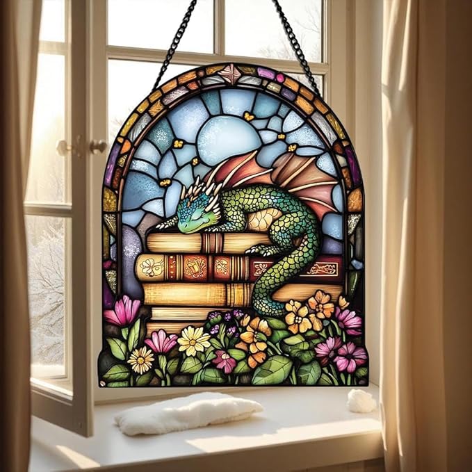 Book Dragon Floral Acrylic Suncatcher, Bookish Suncatchers for Window Hanging Ornament, Art Garden Decor for Book Lover Reader Bookworm, Gifts for Mother's Day, Mom, Grandma, Wife, Women, Nana