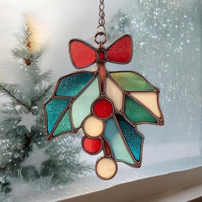 Mistle Toe Mosaic Style Acrylic Suncatcher Stained Glass Effect Window Car Hanging Christmas Ornament Indoor Outdoor Decor Garden Sun Catcher Panel for Women Mom Grandma