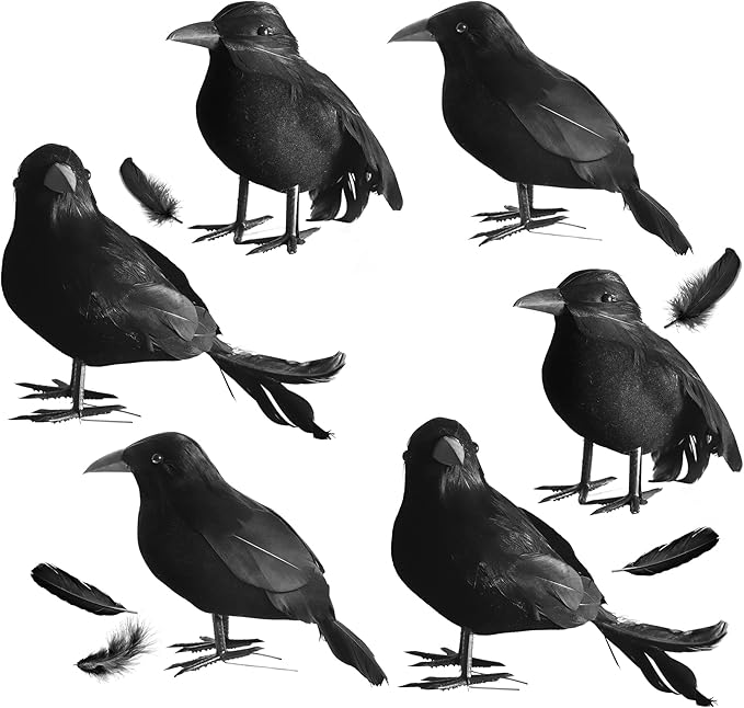 kemooie 6 Packs Real Feathered Halloween Black Crows, Handmade Realistic Crow with Real Feathers Raven Birds for Yard Tree Garden Patio Indoor Outdoor Halloween Decorations