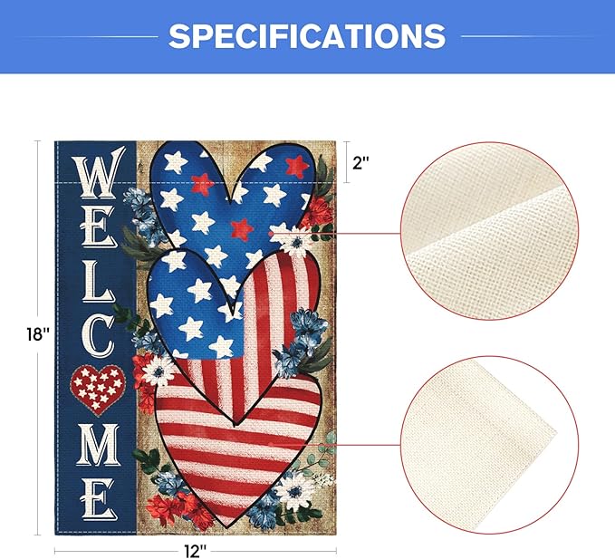 AVOIN colorlife Patriotic 4th of July Welcome Garden Flag 12x18 Inch Double Sided, Memorial Day American Stars and Stripes Love Heart Yard Outdoor Decoration