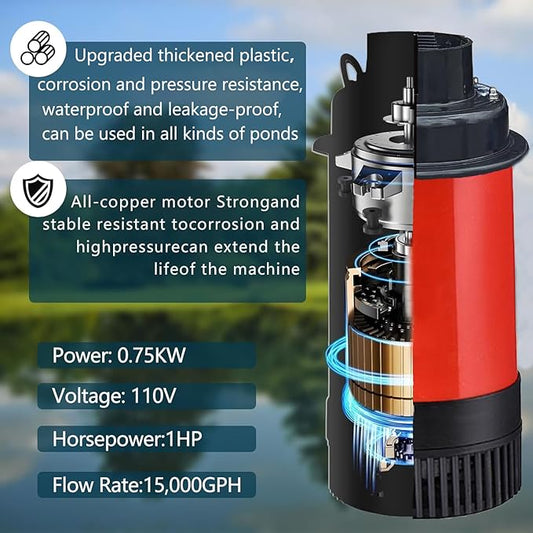 Pond Fountain Aeration Pump - 1HP 750W Pond Fountain - 110V Floating Fountain, 100ft Power Cord, Suitable for Ponds and Lakes 2025