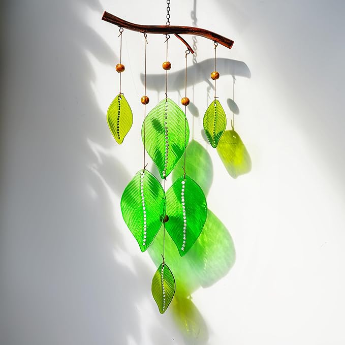 Glass Wind Chimes for Outside,Unique Handmade Windchimes Outdoors with Stained Glass Leaves for Home Window Garden Yard Patio Decor Ornament for Christmas Tree,Green 20"