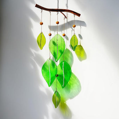 Glass Wind Chimes for Outside,Unique Handmade Windchimes Outdoors with Stained Glass Leaves for Home Window Garden Yard Patio Decor Ornament for Christmas Tree,Green 20"