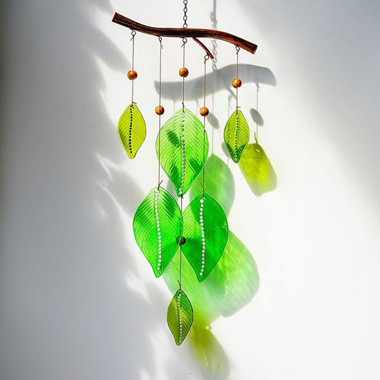 Glass Wind Chimes for Outside,Unique Handmade Windchimes Outdoors with Stained Glass Leaves for Home Window Garden Yard Patio Decor Ornament for Christmas Tree,Green 20"
