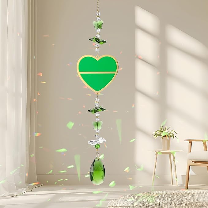 Crystal Sun Catcher Green Heart Suncatchers for Windows Hanging Healing Crystals Rainbow Maker Ornament Gift for Wife Mom