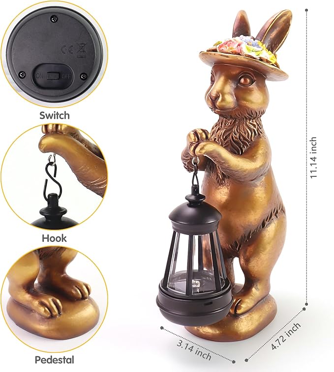 Garden Statue Solar Rabbit Outdoor - Easter Bunny Decor with Solar Powered Lantern,Patio, Lawn, Yard Ornaments, Waterproof Resin Figurines for Home, Birthday, Mother‘s Day Gift