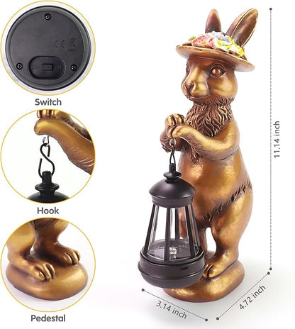 Garden Statue Solar Rabbit Outdoor - Easter Bunny Decor with Solar Powered Lantern,Patio, Lawn, Yard Ornaments, Waterproof Resin Figurines for Home, Birthday, Mother‘s Day Gift