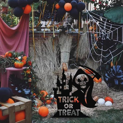 Grim Reaper Metal Yard Stake Decor - Black Skeleton with Scythe Silhouette for Gothic Haunted House Yard, Garden, or Porch, Weatherproof & Easy Setup Metal Decor Sign with "Trick or Treat" Cutout