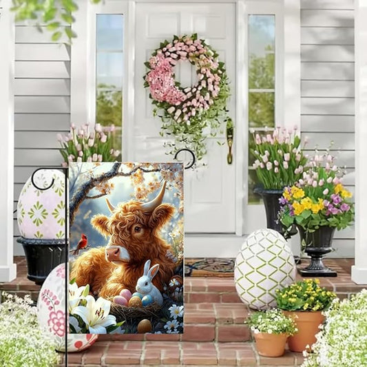 Easter Garden Flags for Outside 12x18 Double Sided, Small Burlap Farmhouse Bunny Highland Cow Garden Flag Easter Outdoor Decorations Yard Garden Patio Porch Decor for Women Garden Lovers