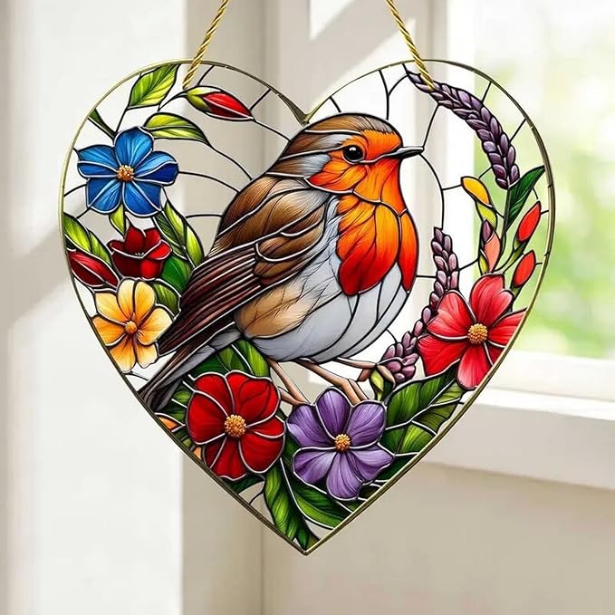 1pcs Valentine Heart Suncatcher Ornament Spring Window Suncatchers with Bird Flower Designs Acrylic Suncatchers Hanging Ornaments for Garden Decor，Housewarming Women Decor Gifts