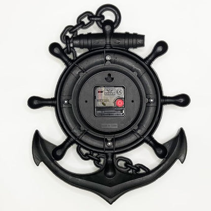 Anchor Outdoor Clock, Nautical Ship Wheel Rudder Wall Clock, Beach Sea Style Decorative Clock for Patio, Pool, Porch (Silver + Dark Red)