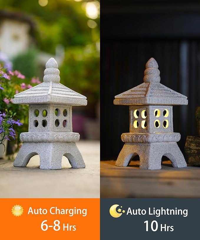 Nacome Solar Pagoda Garden Statues:11.5 inches Outdoor Waterproof Resin Zen Decor for Landscape Balcony Patio Porch Yard Ornament(Gray)