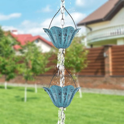 Tfro & Cile Gutter Rain Chain Blue Downspout Substitution Decorative Garden Rainwater Catcher Tulip Backyard Decor for Patio - 8 1/2 Feet Long