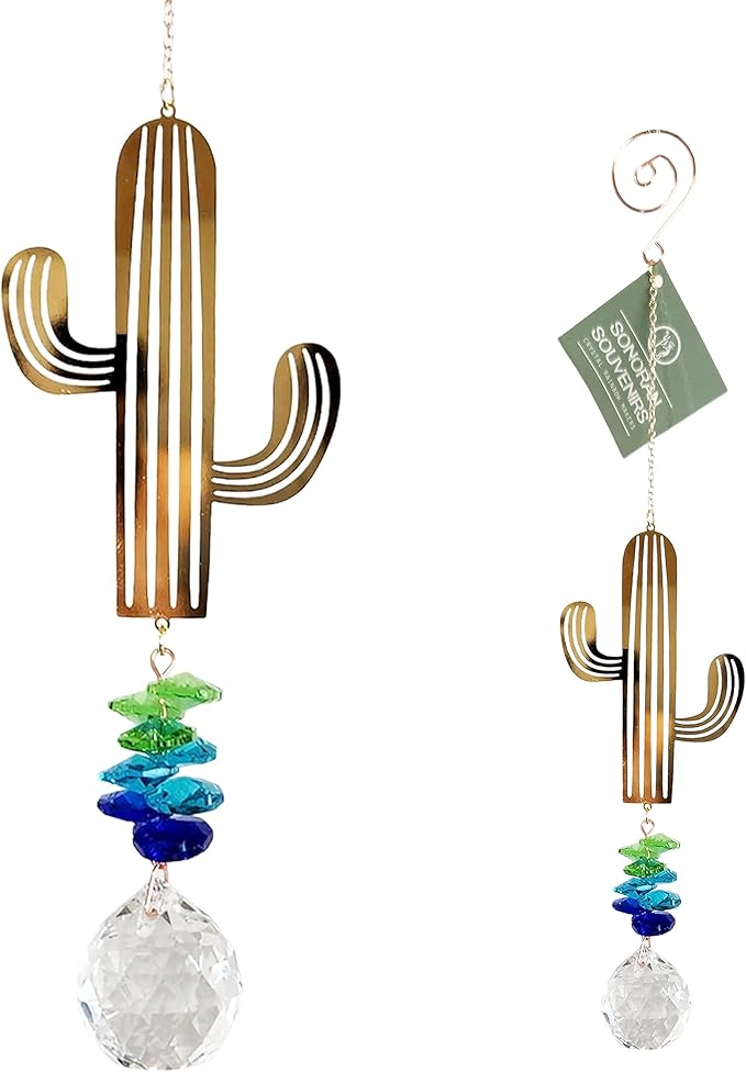 Crystal Saguaro Cactus Suncatcher for Window Hanging, Metal Prism Rainbow Maker with Beads for House Decor, Ideal for Kids' Rooms, Elegant Southwest Themed Sun Catcher Ornament