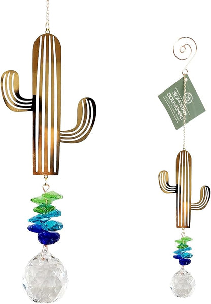 Crystal Saguaro Cactus Suncatcher for Window Hanging, Metal Prism Rainbow Maker with Beads for House Decor, Ideal for Kids' Rooms, Elegant Southwest Themed Sun Catcher Ornament