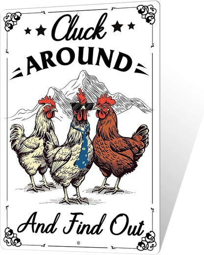 Putuo Decor Funny Chicken Sign Cluck Around And Find Out Metal Tin Sign Funny Wall Decor For Farmhouse Chicken Coop For Garden Decor Vintage Metal Tin Sign Plaque Outdoor Decor 12x8 Inch