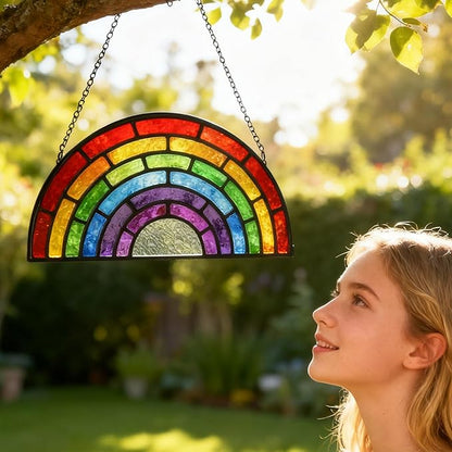 Stained Glass Window Hanging, Rainbow Suncatcher Valentines Day Gifts for Friend Women and Men, Rainbow Glass Hanging Ornaments, Ideal Gifts